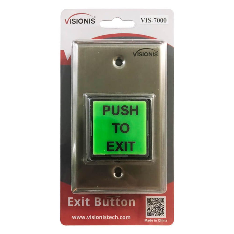 Visionis Push to Exit Button VIS-7000 Indoor Green Square Request to Exit Stainless Steel for Door Access Control with LED Light, NC, C and NO Outputs Pack of 1
