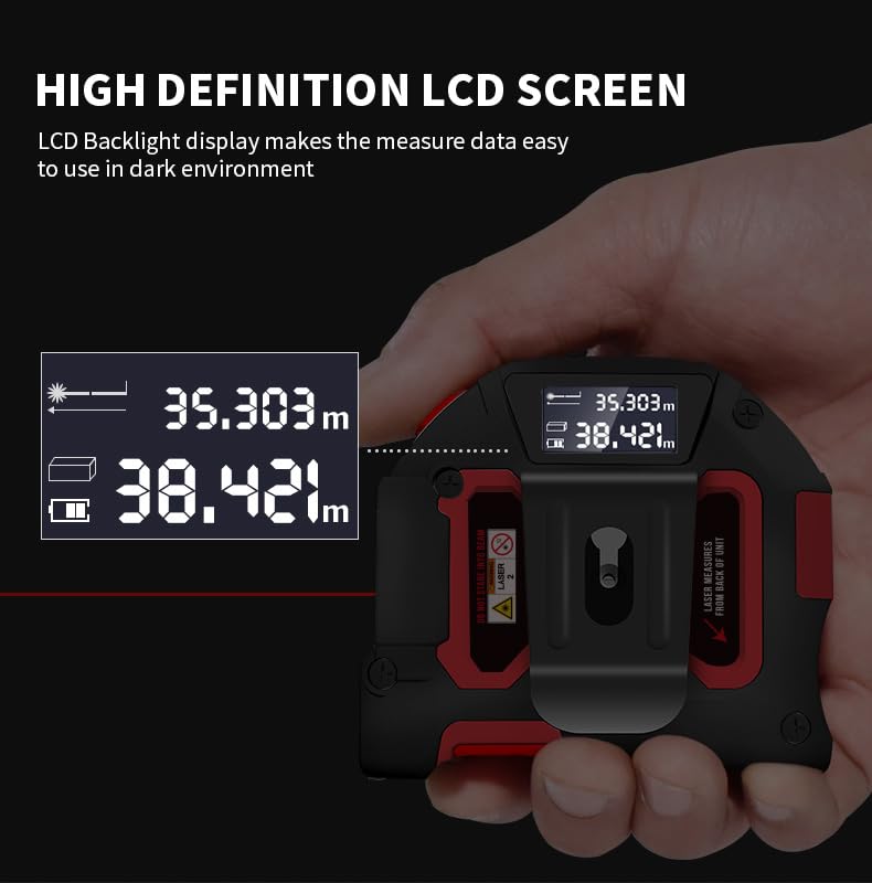 SPARKEY 2-in-1 Laser Tape Measure, 130Ft Laser Distance Measurement, Area/Volume & 16Ft Tape Measuring, Magnetic Hook, USB Rechargeable, Auto Lock, M/Ft/in/Ft+in, LCD Display. 0.5 m Laser Tape Measure 2 in 1