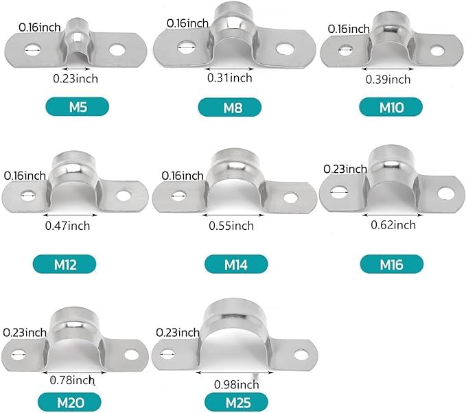 25PCS M5 304 Stainless Steel Rigid Pipe Strap Two Hole Cable Strap u Bracket Pipe Clamps Heavy Duty Pipe Fasten Holder for Tube, Pipe or Wire Cord Installation (25, 5MM(1/4" )) 25 5MM(1/4" )