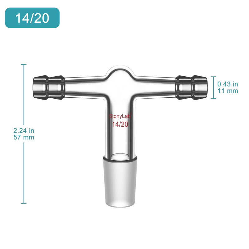 stonylab Glass Dual Hose Inlet Adapter, Borosilicate Glass T-Shape Vacuum/Inert Gas Adapter with Dual 3/8 inch Hose Connections and 14/20 Inner Joint 14/20 Joint