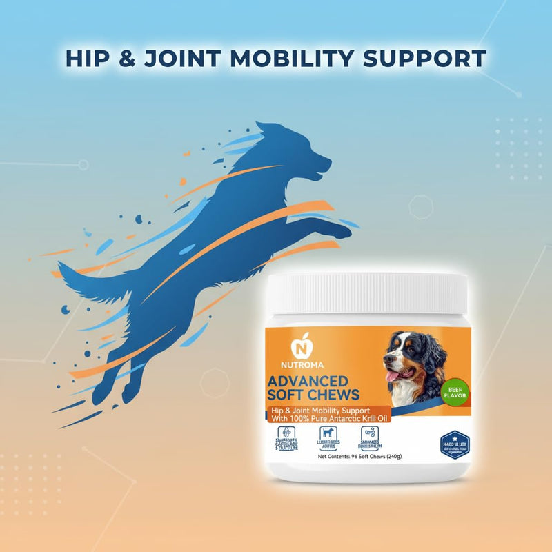 Advanced Soft Chews for Dogs – Hip & Joint Mobility Support with Antarctic Krill Oil, Eggshell Membrane & Hyaluronic Acid – 96 Chews (Beef) Beef