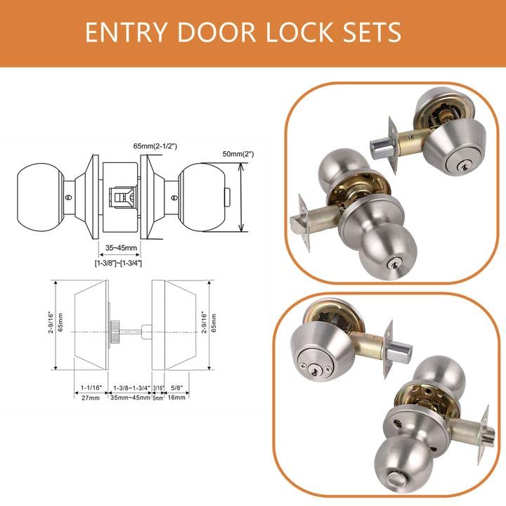 Probrico Satin Nickel Entry Door Knob and Double Cylinder Deadbolt Combo Pack, Keyed on Both Sides, Front Door and Exterior Gate Lockset Hardware 1 Pack Brushed Nickel