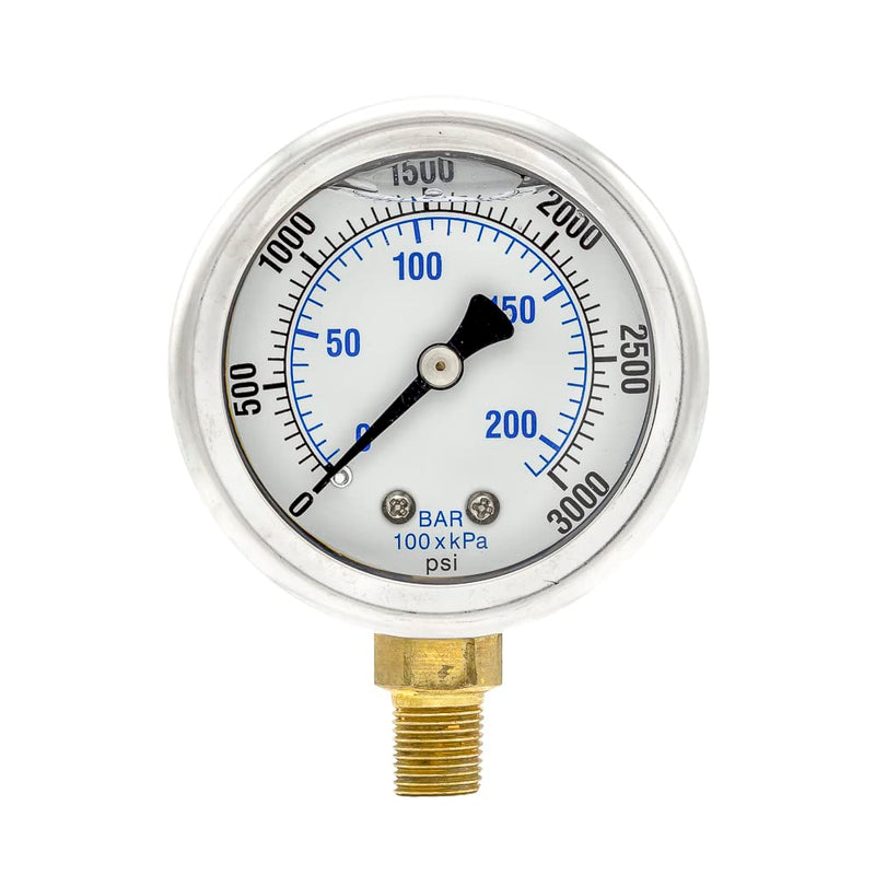 Liquid Filled Lower Mount Pressure Gauge with 2" Dial, 0-3000 PSI, 1/8" Male NPT Connection, Stainless Steel CASE and Bezel (1)