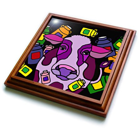 3dRose Funny Purple Cow & Milk Jugs Abstract Art Trivet with Ceramic Tile, 8 by 8", Brown