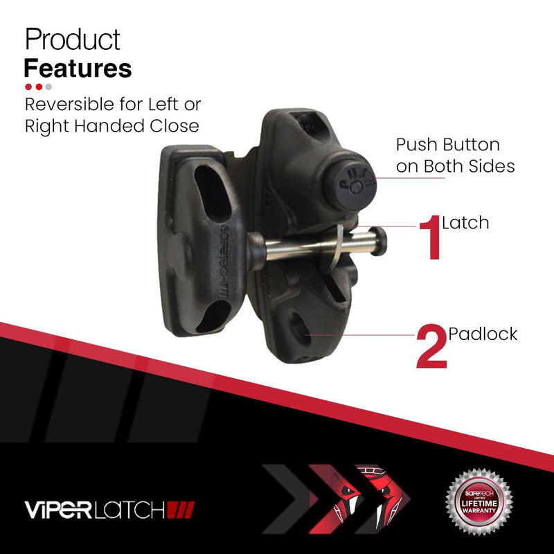 Safetech Hardware ViperX5-5 Two-Sided Gate Latch | Wrap Around Design - No Post Drilling | Padlock Lockable | Left & Right Reversible | Double Gate Access w/Push Button | 5” Vinyl/PVC Gate - Black 5" Post