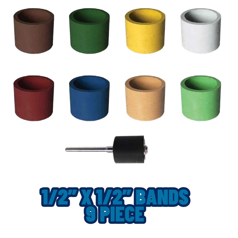 Dedeco Sunburst - 1/2” x 1/2” Bands - Precision Cylinder Thermoplastic Rotary Sanding and Polishing Tool Set, Assorted: 1 Each 8 Grit Textures Plus 1835 Mandrel (9 Piece) 9 1/2"x1/2" - Asst: 1 Each 8 Grits & 1835 Mandrel