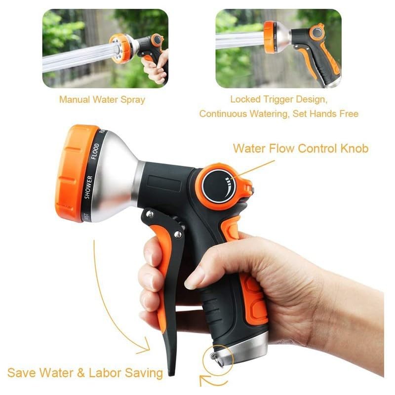 Garden Hose Nozzle Heavy Duty, High Pressure Adjustable 8 Patterns Metal Water Hose Nozzle Volume Control Valve Attachment Hose Sprayer Nozzle for Outdoor Garden Watering Car Washing Pet Showering Heavy Duty Metal