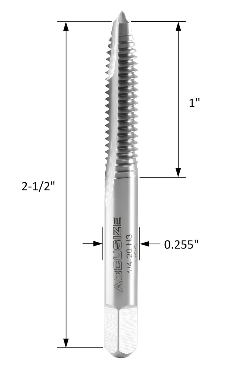 Accusize Spiral Point Tap 1/4-20NC H3 HSS 2-Flute, 10 Pc Set | ANSI Ground Plug Tap, Right-Hand Cut, Bright Finish, 2-1/2 in OAL, 1 in Thread Length, SPT-1/4-20x10