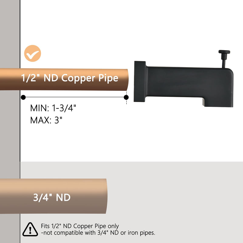 Slip On Diverter Tub Spout, Sleek Square Design for Bathroom, Fits 1/2" Copper Pipe (5/8" OD), Child-Safe Rounded Edges, Easy Installation, Matte Black