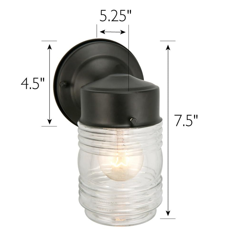 Design House 502195 Jelly Jar Classic 1 Indoor/Outdoor Wall Light with Clear Ribbed Glass for Entryway Porch Patio, 1-Pack, Matte Black Wall Sconce