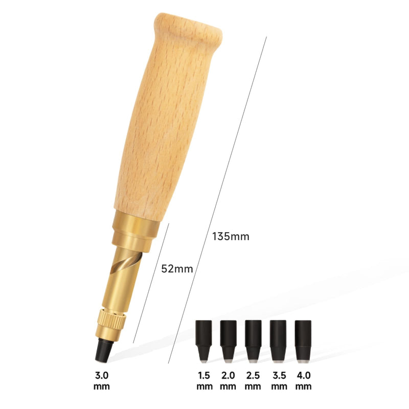 KEARING Wooden Screw Punch - 6 Sizes Adjustable Leather & Paper Hole Punch | Automatic press-down hole punch for bookbinding and leathercraft. Includes 6 interchangeable bits from 1.5mm to 4.0mm.