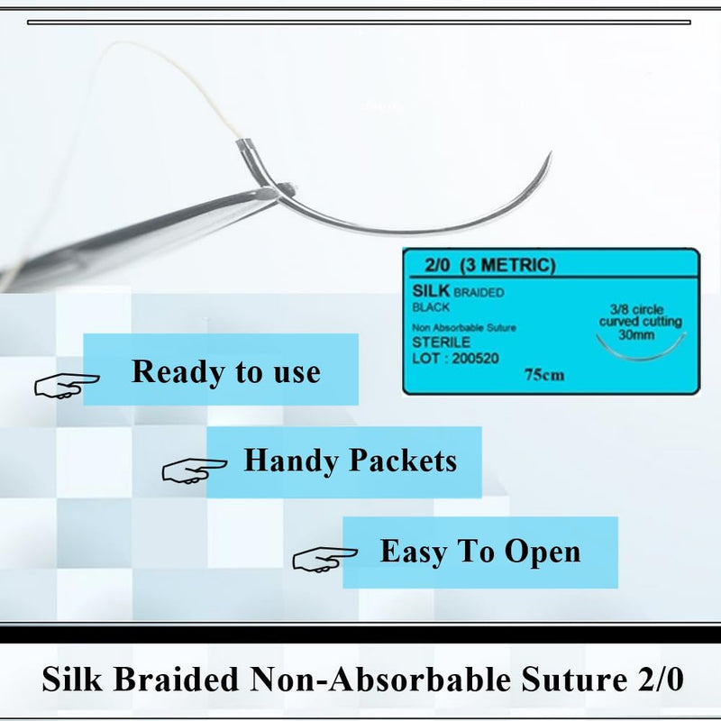 HTI Training Suture Thread 2-0 Silk Sterile with Needle Box of 12 Pcs for Nursing Student Training Kit RN, EMT, Vet Demo