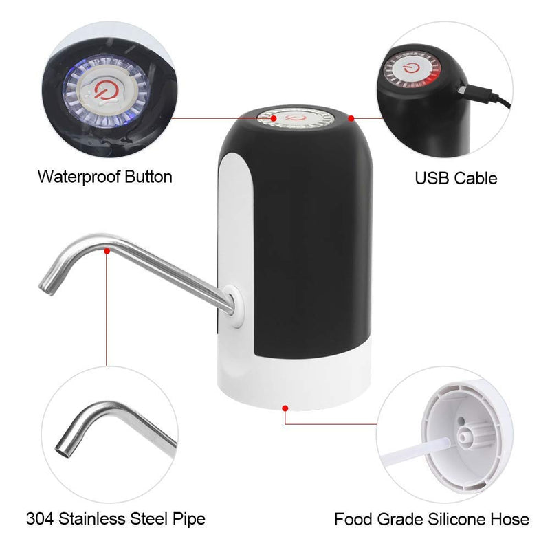 CHIVENIDO 5 Gallon Water Dispenser - Water Bottle Pump with Reusable Caps for Screw Top or Crown Tops, USB Charging Water Jug Dispenser for Universal 2-5 Gallon Bottle Black