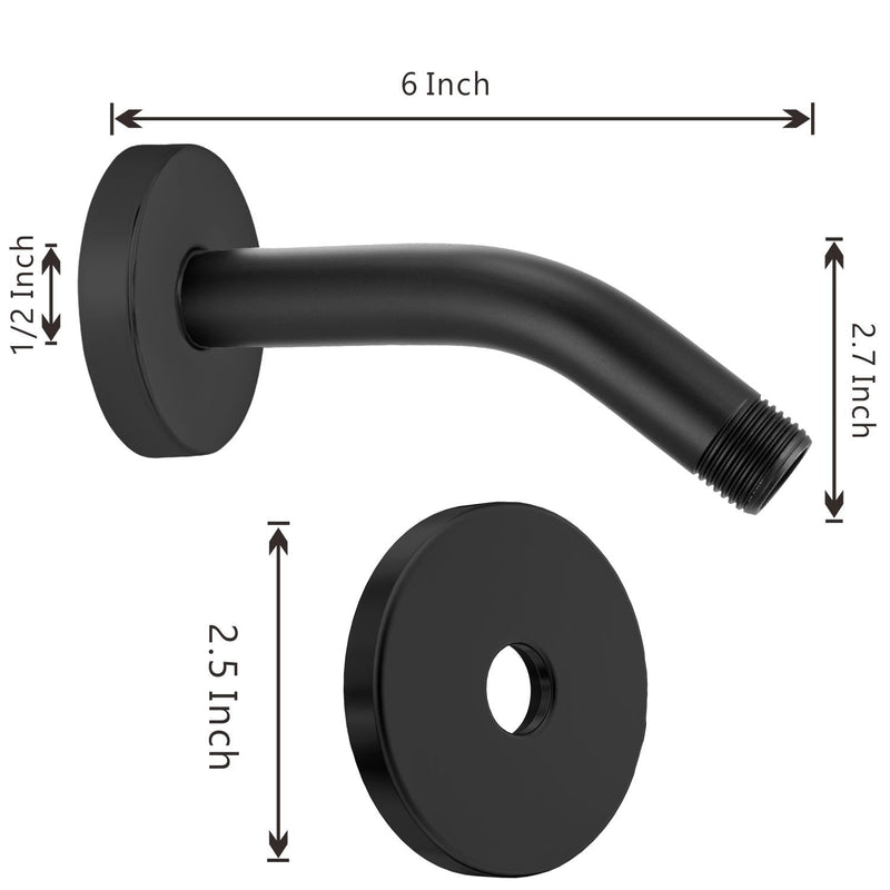 Voolan Shower Arm with Flange and Teflon Tape, Extension Shower Head Arm for Bathroom Fixed Shower Head, Solid Stainless Steel, Wall Mounted (6 Inch,Black) Black 6 Inch
