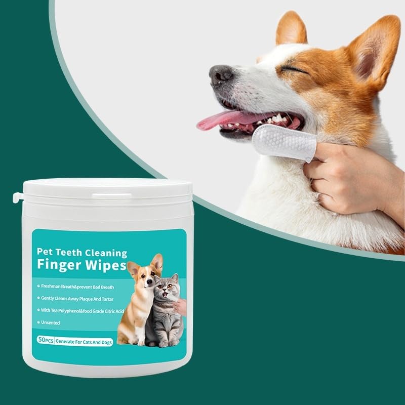 Pet Teeth Cleaning Finger Wipes, Dog Cat Dental Wipes, Unscented, with Tea Polyphenol,No-Rinse Dog Finger Toothbrush, Clean Tartar & Prevent Bad Breath, 50pcs