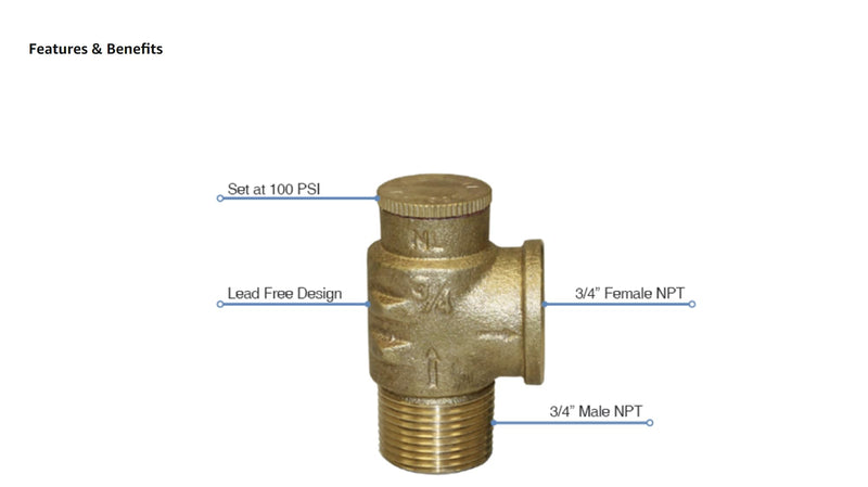 Merrill MFG 3/4" Lead-Free Brass Pressure Relief Valve – 100 PSI Water System Safety Valve, NPT Thread, Durable Corrosion-Resistant Design for Well, Plumbing & Irrigation Systems