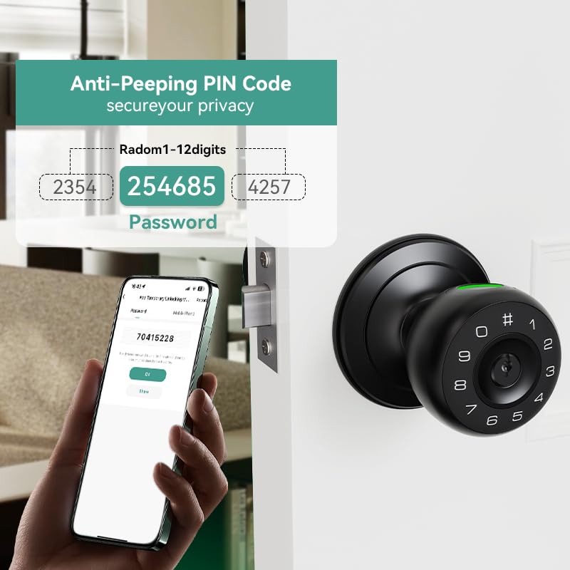 Fingerprint Door Lock,4 in 1 Smart Door Knob with Keypad Code,Biometric & App Control,Auto-Lock,Keyless Entry Door Locks for Bedroom,Home,Garage,Apartment,Office,Warehouse
