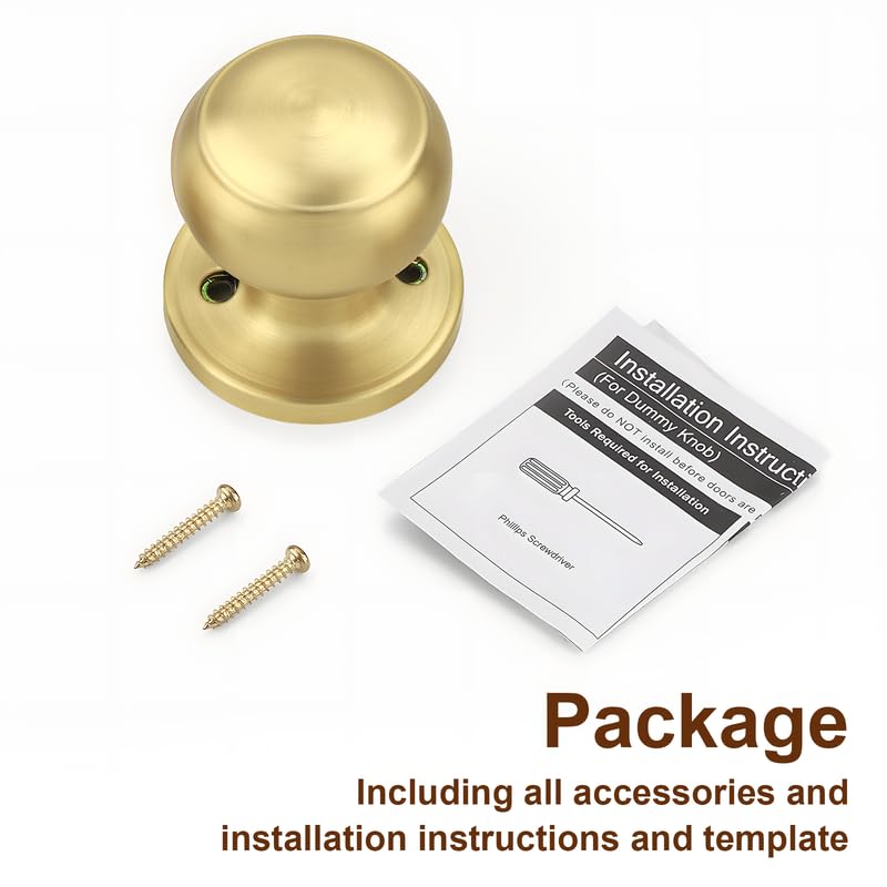 Probrico Brushed Brass Dummy Door Knobs Interior, Gold Dummy Door Handles, Half Dummy Door Knobs for Closet/Hall, 4 Pack