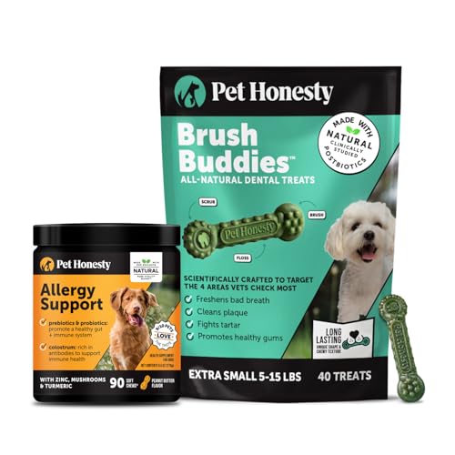 Pet Honesty Dog Wellness Virtual Bundle – Allergy Relief Immunity Chews (90 Ct) + Brush Buddies Dental Sticks (40 Ct) – Itch Support, Plaque & Breath Care