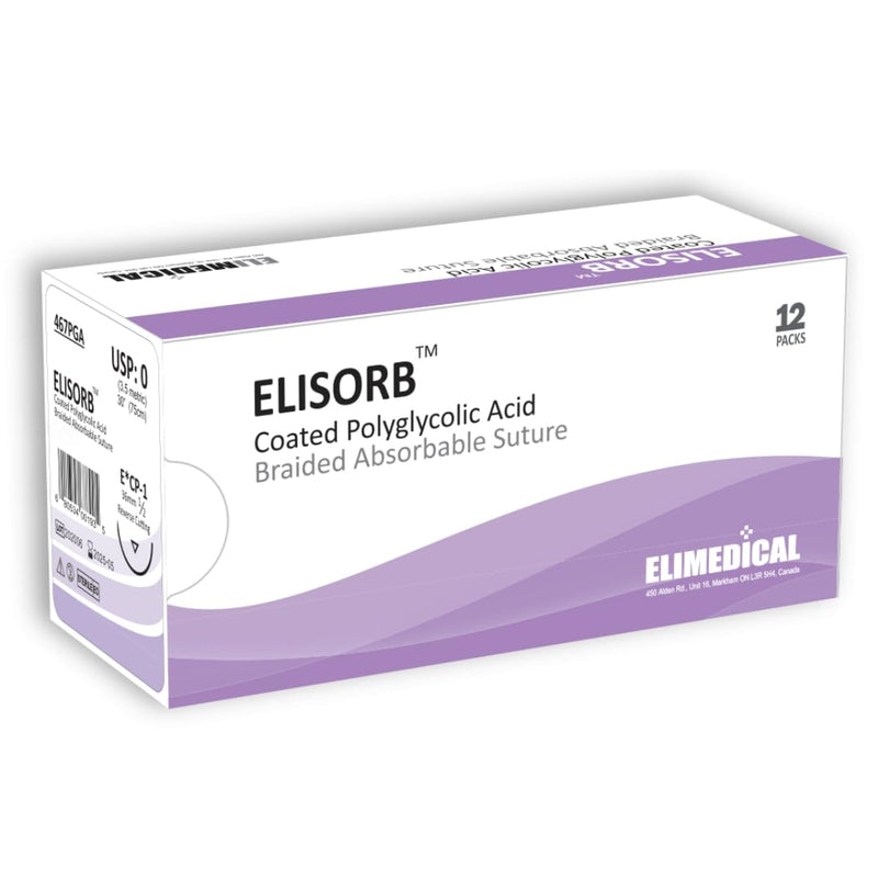 ELISORB Suture with Reverse Cutting Needle, 12 Pack. Sutures for Surgical Wound Training Students, Practice and Educational Use. Multifilament Absorbable Material 0 PGA, 30”, CP1, Violet 467PGA