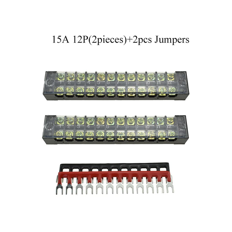 Hahiyo Dual Row Screw Terminal Strip Blocks 126mm Length Insulated Fork 600V 15A 12Positions Wire Cover Connector, Clearly Visible Mount in Place for Electrical with 2set, 15A 12P+2pcs Jumpers