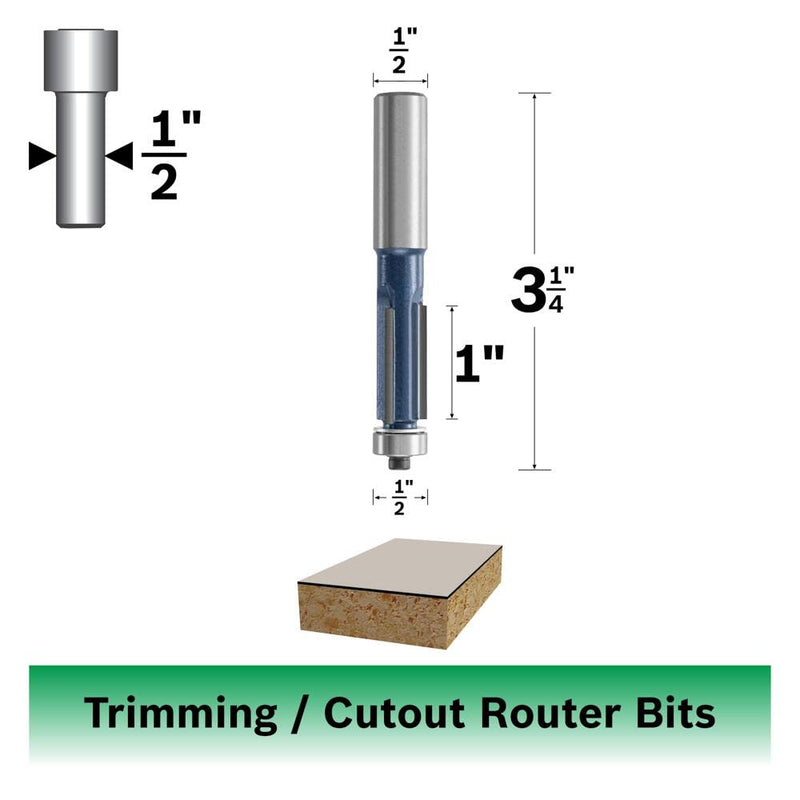 Bosch 85439M 1/2 in. x 1 in. Carbide Tipped 3-Flute Flush Trim Bit