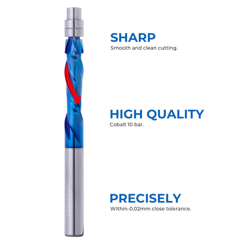 2 Pcs Compression Cut Spiral Flush Trim Router Bit, 1/4" Dia.1-1/8" Cut Length 1/4SHK.& 3" OAL, Up&Down Cut Solid Carbide CNC Bit with Nano Coating for Wood Trimming 2