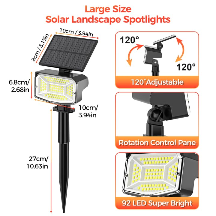 Solar Spot Lights Outdoor, 92 LEDs Landscape Lighting with 3 Lighting Modes and Auto On/Off, IP67 Waterproof Spotlights, Outdoor Solar Lights for Yard Garden, 6 Pack (Cool White) Cool White