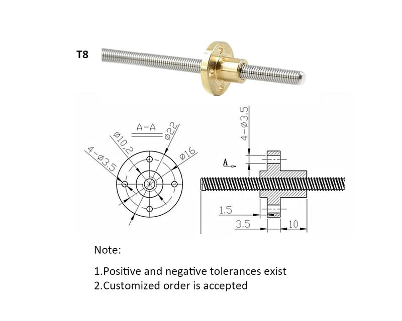 T8 8mm Lead Screw 1000mm/39.37" with Brass Nut for 3D Printer Machine Z axis (Picth of Screws: 2mm, Lead: 8mm) T8 - Pitch2 - Lead8 L: 39.37" / 1000mm