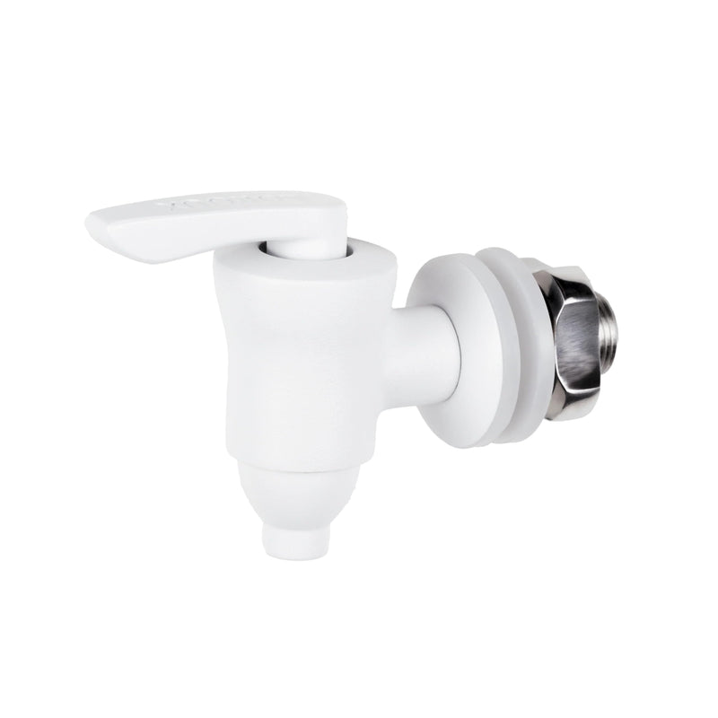 Boroux stainless steel spigot with ceramic valve in white powder coat with white silicone washer