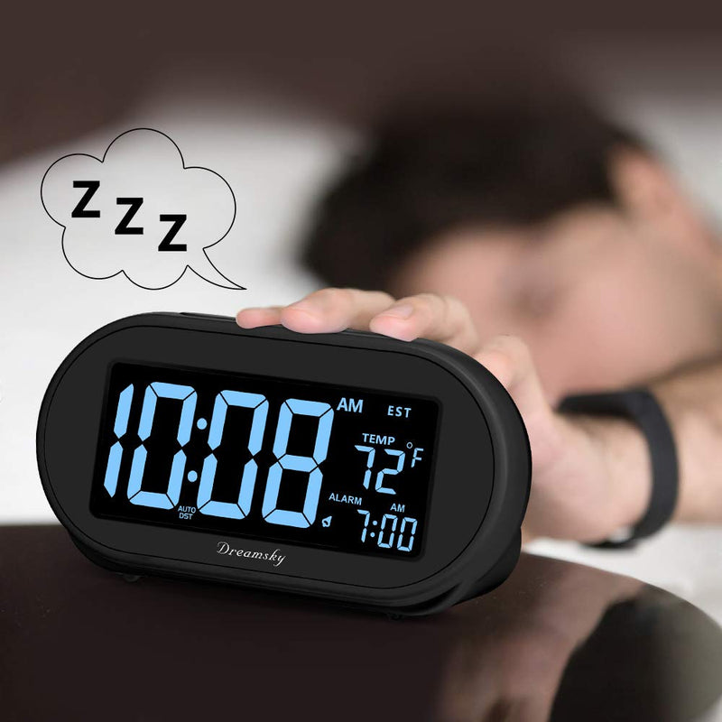 DreamSky Alarm Clocks for Bedrooms, Auto Set Digital Desk Clock for Bedside Nightstand, Electric Clock with Dimmable Brightness Dimmer, Auto DST, USB Port, Date, Temperature, Snooze Black