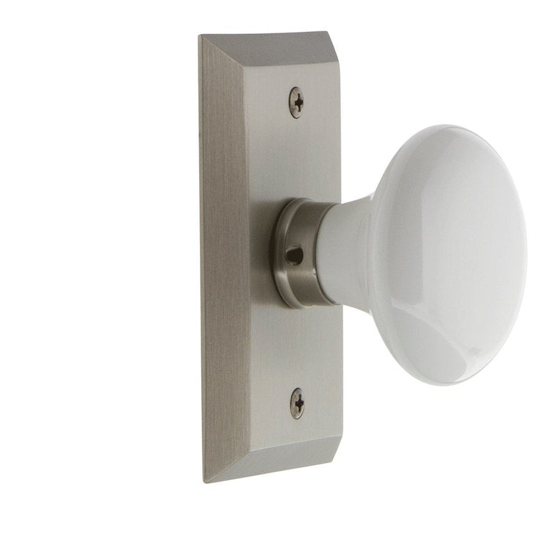 Nostalgic Warehouse Studio Plate & White Porcelain Door Knob Privacy-2.375 in Satin Nickel