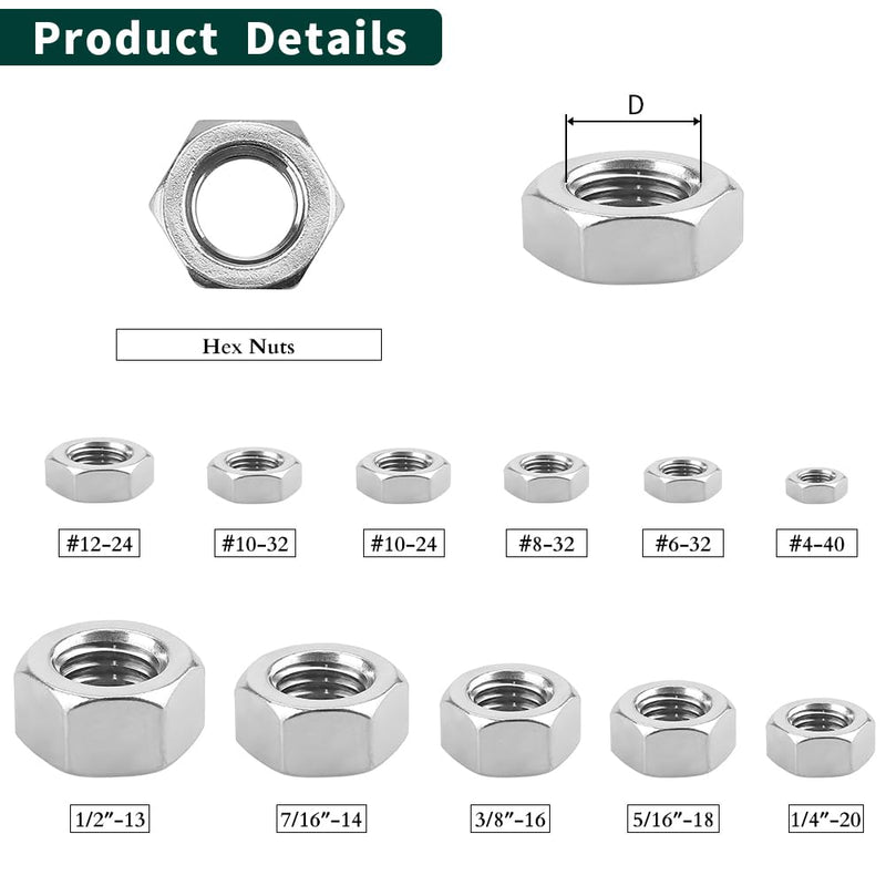 5/16-18 Stainless Steel Finished Hex Nut, 304 Stainless Steel 18-8 Hexagon Nut, Bright Finish, Full Thread, ASME B18.2.2, 25 Pcs 5/16"-18
