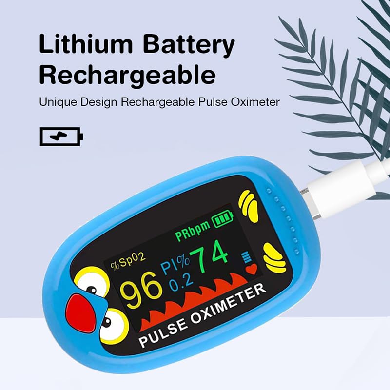 Rechargeable Child Pulse Oximeter – Oxygen Monitor for Kids and Babies, Pediatric Fingertip Blood Oxygen Saturation & Heart Rate Monitor with OLED Display, Auto Shut-Off, USB-C Charging Cable Included- blue