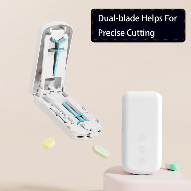 Portable Dual-Blade Pill Cutter and Crusher, Precision Half, Third and Fourth Tablet Splitter with Silicone Grip and Safety Lock for Small, Tiny or Large Pills, Upgraded Version
