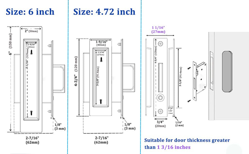 Dontay Sliding Pocket Door Handles, 304 Stainless Steel Non Locking Pocket Door Hardware, Recessed Flush Finger Pulls, Heavy Duty Edge Pull with Pop Out Ring Pull (Satin Nickel (1 Set), 4.72 Inch) Satin Nickel (1 Set)