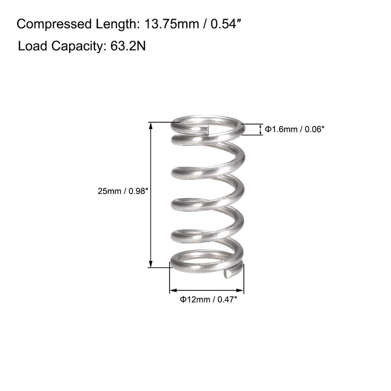 uxcell Compression Spring,304 Stainless Steel,12mm OD,1.6mm Wire Size,13.75mm Compressed Length,25mm Free Length,63.2N Load Capacity,Silver Tone,10pcs 12mmx1.6mmx25mm