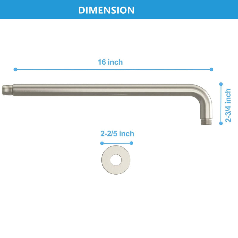 Lordear Shower Arm 16 Inch Shower Extension Arm Brushed Nickel T304 Stainless Steel Long Shower Head Extension Tube, Shower Extender Arm with Flange, Shower Head Pipe