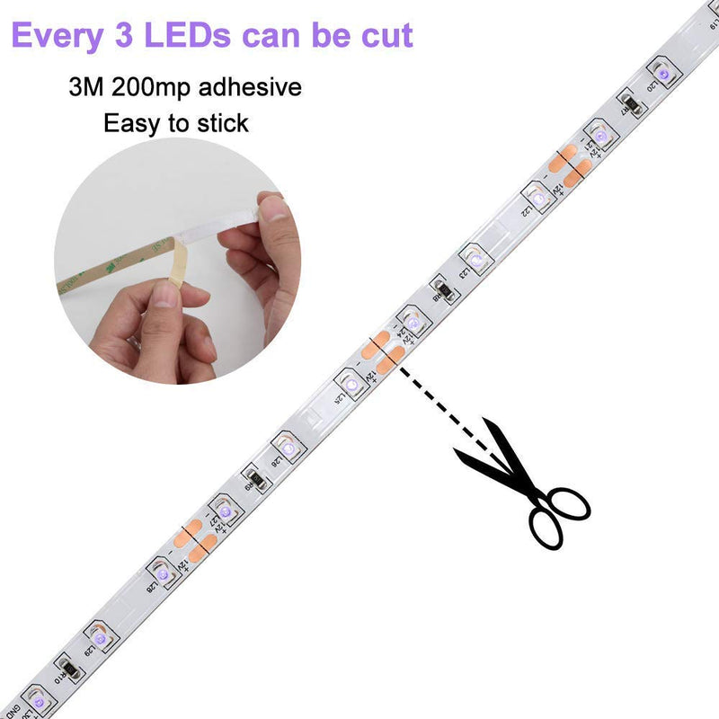 YGS-Tech 24 Watts UV Black Light LED Strip, 16.4FT/5M 3528 300LEDs 395nm-405nm Non-Waterproof Blacklight Night Fishing Implicitly Party with Power Supply 24Watts