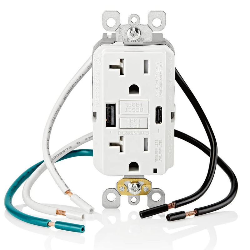 Leviton GUAC2-W 20A SmartlockPro Self-Test GFCI Combination with Type A & Type-C USB in-Wall, USB Charger for Smartphones and Tablets Type A/C USB w/GFCI White