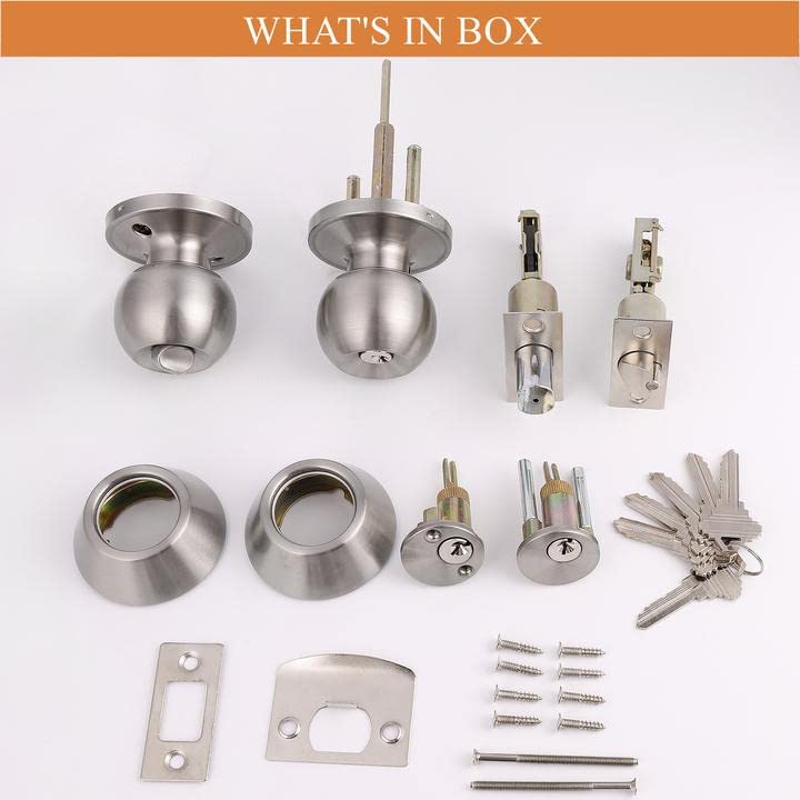 Probrico Satin Nickel Entry Door Knob and Double Cylinder Deadbolt Combo Pack, Keyed on Both Sides, Front Door and Exterior Gate Lockset Hardware 1 Pack Brushed Nickel