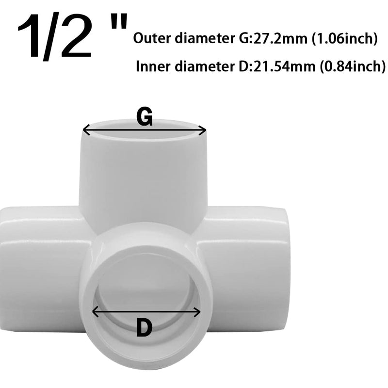 1/2Inch Tee PVC Fitting 4 Way Elbow Connector, Furniture Grade 90 Degree Elbow Side Outlet, Corner Fittings for Building Furniture Greenhouse Shed Pipe Fittings Tent Connection (Pack of 8) White 1/2“