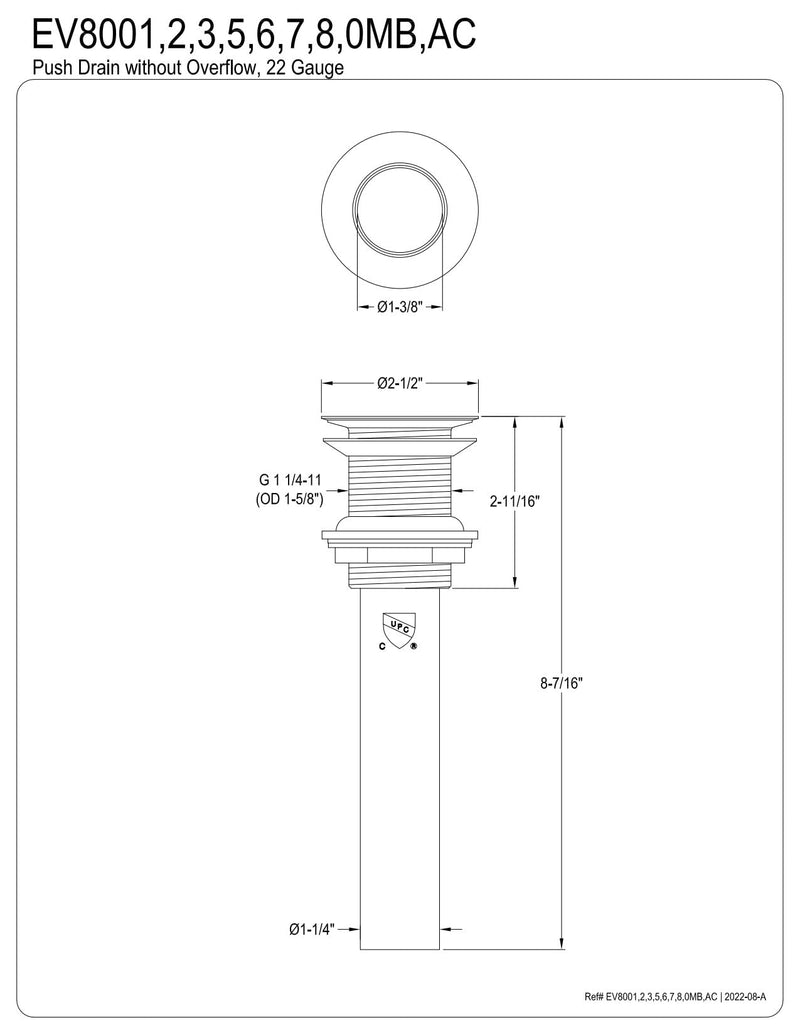 Kingston EV800AC Push Pop-Up Drain Without Overflow, Antique Copper