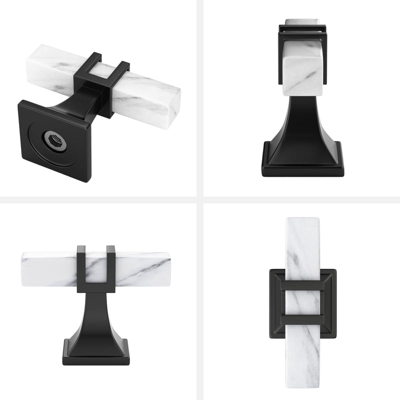 homdiy 10 Pack Black Cabinet Knobs, White Marble Grain Knobs for Kitchen, Cabinet Pulls Black T Bar Pulls Hardware, Square Drawer Dresser Knob for Cupboard Bathroom Bedroom single hole knob White Marble & Black