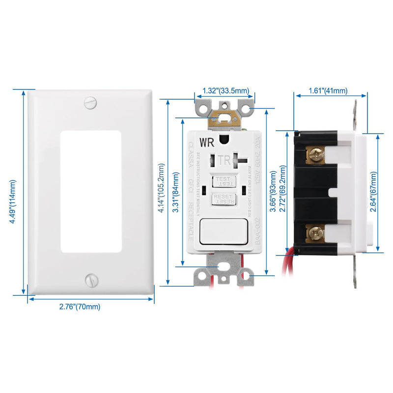 Baomain 2PCS GFCI Outlet Receptacle with Switch, 20A 125VAC 60Hz, Tamper Resistant&Weather Resistant,ETL Listed,Back&Side Wire,White (20Amp.) 2