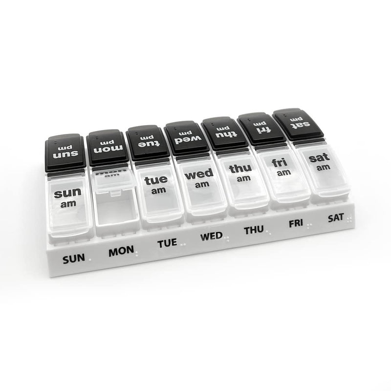 EZY DOSE Weekly (7-Day) Daily AM/PM Pill Case, Medicine Planner, Vitamin Organizer, Supplement Container, Large Pop-Out Compartments, Designed for Travel 2 Times a Day, Black and White Lids Black and Natural