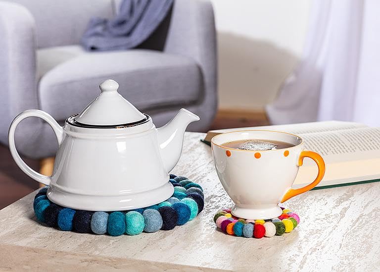 Abbott Collection Felt Ball Trivet - Blue | Heat-Resistant Wool, Handmade in Nepal by Female Artisans, Fair Trade Certified, Wool, 8"D Blu Felt Ball Trivet-8"D