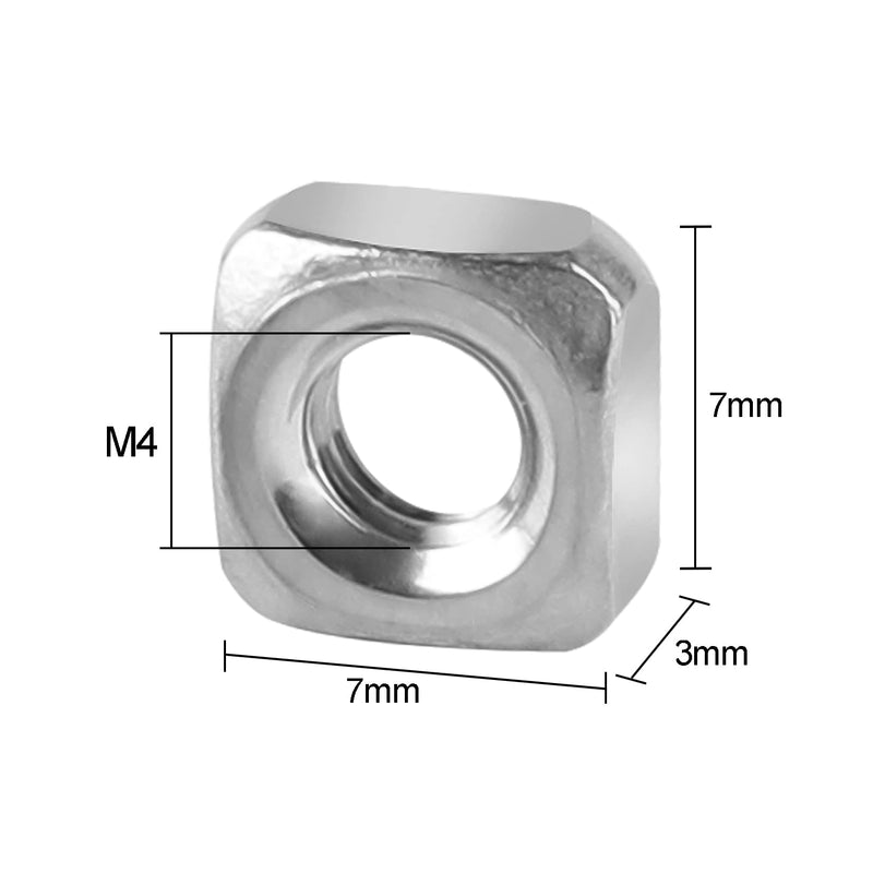 Pack of 100 M4 Square Nuts, 304 Stainless Steel Metric Coarse Thread Assortment Kit