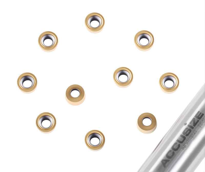 Accusize Industrial Tools Carbide Inserts, RCMT220 TiN Coated, 2523-1000 | RCMT220, ISO RCMT0602MO, C6 Grade, IC 0.2362 in, Thickness 3/32 in, Hole 0.110 in, 10 Pcs