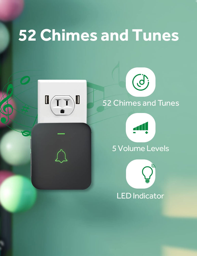 AVANTEK Wireless Door Bell, CB-21 Mini Waterproof Wireless Doorbell Operating at Over 1000 Feet, 2 Remote Buttons Can Have Different Tones, 52 Melodies, CD Quality Sound and LED Flash 2 Transmitters Black